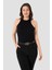 Kadın Pamuklu Fitilli Görünümlü Halter Yaka Basic Siyah Atlet 2