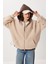Oversize Kapüşonlu Kontrast Peluş Mont LFG0172 Bej 1