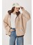 Oversize Kapüşonlu Kontrast Peluş Mont LFG0172 Bej 2