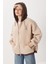 Oversize Kapüşonlu Kontrast Peluş Mont LFG0172 Bej 3