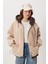 Oversize Kapüşonlu Kontrast Peluş Mont LFG0172 Bej 4