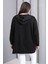 Kadın Büyük Beden Siyah, Kapüşonlu Fermuarlı, Ön ve Kollar Taş Detaylı Astarsız Tunik Ceket 65N39195 3