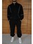 Erkek Premium Parçalı Eşofman Takım - Dik Yaka Fermuarlı Biyeli Sweatshirt Lastik Paça Alt, Oversize 3 Iplik Şardonlu - Siyah 2
