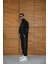Erkek Premium Parçalı Eşofman Takım - Dik Yaka Fermuarlı Biyeli Sweatshirt Lastik Paça Alt, Oversize 3 Iplik Şardonlu - Siyah 3