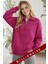 Kadın Fuşya Pembe Yarım Fermuar Polo Yaka 3 Iplik Içi Polarlı Şardonlu Oversize Sweatshirt 1