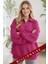 Kadın Fuşya Pembe Yarım Fermuar Polo Yaka 3 Iplik Içi Polarlı Şardonlu Oversize Sweatshirt 2
