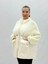 Büyük Beden Fermuarlı Cepli Ekru Peluş ve Parlak Kumaş Oversize Kadın Mont 2