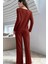 V Yaka Pamuklu Bordo Düğmeli Uzun Pijama Takımı 3
