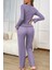 Kadın Pamuklu Mor Fiyonk Detaylı Mevsimlik Pijama Takımı Şık Tasarım 2