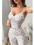 Ekru Ip Askılı Süs Düğmeli Yazlık Pijama Takımı 4