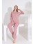 %100 Pamuk Petek Örgü Kumaş Uzun Kol Manşetli Cepli Kadın Pijama Takımı 98520 3