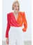 Kadın Bodysuit Kruvaze Yaka Uzun Kol Günlük Kullanım İçin Oranj-Fuşya 9