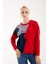 Kadın Kırmızı Şönil Kadife Renk Bloklu Taş Detaylı Bisiklet Yaka Triko Kazak 4