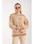 Kadın Bej-Ekru Sakal Iplik Çizgili Bisiklet Yaka Triko Kazak 1