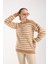 Kadın Bej-Ekru Sakal Iplik Çizgili Bisiklet Yaka Triko Kazak 2