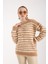 Kadın Bej-Ekru Sakal Iplik Çizgili Bisiklet Yaka Triko Kazak 3