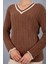 Kadın Kahve Sakal Iplik Kontrast Biyeli V Yaka Triko Kazak 6