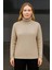 Balıkcı Yaka Bağazlı Triko Kazak Pamuklu Kalın Fitilli Dokuma - Bej 2