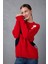 Kadın Kırmızı Şönil Kadife Renk Bloklu Bisiklet Yaka Triko Kazak 1