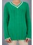 Kadın Yeşil Sakal Iplik Kontrast Biyeli V Yaka Triko Kazak 5