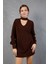 Kadın Acı Kahve Simli Selanik Örgü Reglan Balon Kollu Choker Yaka Triko Kazak 5