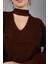 Kadın Acı Kahve Simli Selanik Örgü Reglan Balon Kollu Choker Yaka Triko Kazak 8