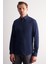 Lacivert Düğmeli Yaka Kendinden Desenli Örme Uzun Kol Performans Ürün Slim Fit %100 Pamuk Gömlek 1004255272 1