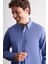 Koyu Mavi Düğmeli Yaka Örme Uzun Kol Performans Ürün Slim Fit Esnek Gömlek 1004255270 3