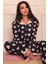 Kadın Kalp Desenli Kol ve Paçası Fırfır Detaylı Önü Düğmeli Uzun Kol Altı Uzun Milan Kumaş Pijama Takımı 1