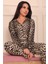 Kadın Leopar Desenli Önü Düğmeli Süet Pijama Takımı 1