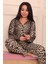 Kadın Leopar Desenli Önü Düğmeli Süet Pijama Takımı 4