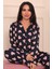 Kadın Kalp Desenli Önü Düğmeli Uzun Kol Altı Uzun Milan Kumaş Pijama Takımı 1