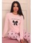 Kadın Sloganlı Kurdele Baskılı Bisiklet Yaka Uzun Kol Altı Uzun Penye Pijama Takımı 1
