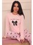 Kadın Sloganlı Kurdele Baskılı Bisiklet Yaka Uzun Kol Altı Uzun Penye Pijama Takımı 3