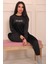 Kadın Sloganlı Uzun Kollu Paçası Manşetli Kadife Pijama Takımı 4