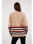 Kadın Açık Bej Çizgili Bisiklet Yaka Şönil Kadife Triko Kazak 5