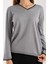 Kadın Gri Viskon Kumaş Taş Detaylı Kontrast Sim Biyeli V Yaka Triko Bluz 3