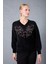 Kadın Siyah Sakal Iplik Önü Boncuk Nakışlı Balon Kollu V Yaka Triko Kazak 1