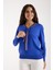Kadın Saks Mavisi Elit Viskon Kumaş Kontrast Şeritli Bisiklet Yaka Triko Bluz 1