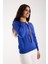 Kadın Saks Mavisi Elit Viskon Kumaş Kontrast Şeritli Bisiklet Yaka Triko Bluz 2