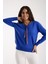 Kadın Saks Mavisi Elit Viskon Kumaş Kontrast Şeritli Bisiklet Yaka Triko Bluz 3
