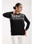 Kadın Siyah Elit Viskon Kumaş Taş Detaylı Bisiklet Yaka Triko Bluz 1