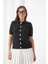 Kadın Polo Yaka Düğme Detay Kısa Kol Simli Triko Hırka 1