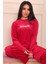Kadın Sloganlı Uzun Kollu Kadife Pijama Takımı 1