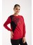 Kadın Kırmızı Elit Viskon Kumaş Taş Detaylı Bisiklet Yaka Triko Bluz 1