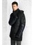 Erkek Siyah Kapüşonlu Su İtici Rüzgar Geçirmez -10°C Dayanıklı Uzun Şişme Mont A52Y6125 12