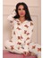 Kadın Teddy Bear Desenli Önü Düğmeli Uzun Kol Altı Uzun Milan Kumaş Pijama Takımı 4