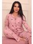 Kadın Kalp Desenli Önü Düğmeli Uzun Kol Altı Uzun Süet Pijama Takımı 3
