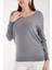 Kadın Gri Simli Kumaş Detaylı V Yaka Triko Bluz 6