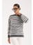 Kadın Füme-Beyaz Sakal Iplik Çizgili Bisiklet Yaka Triko Kazak 1